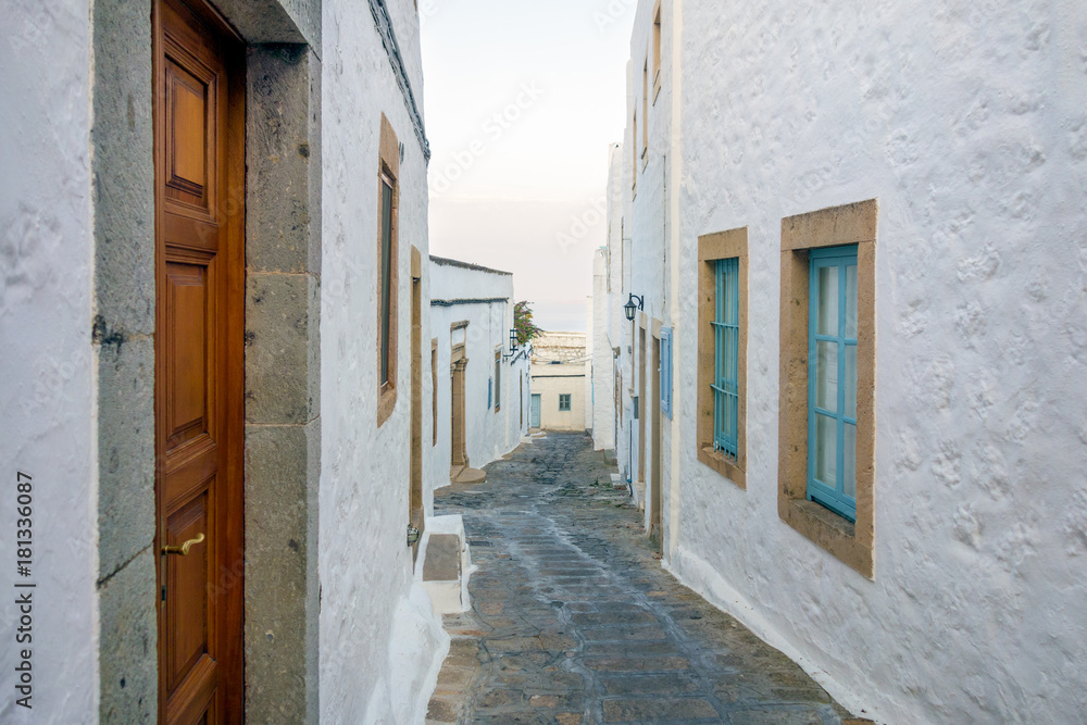 Evening in the streets of Patmos island, Dodecanese, Greece 