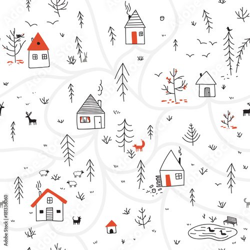 houses in winter forest seamless pattern with animals and red color