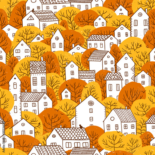 trees and houses seamless pattern autumn orange yellow colors