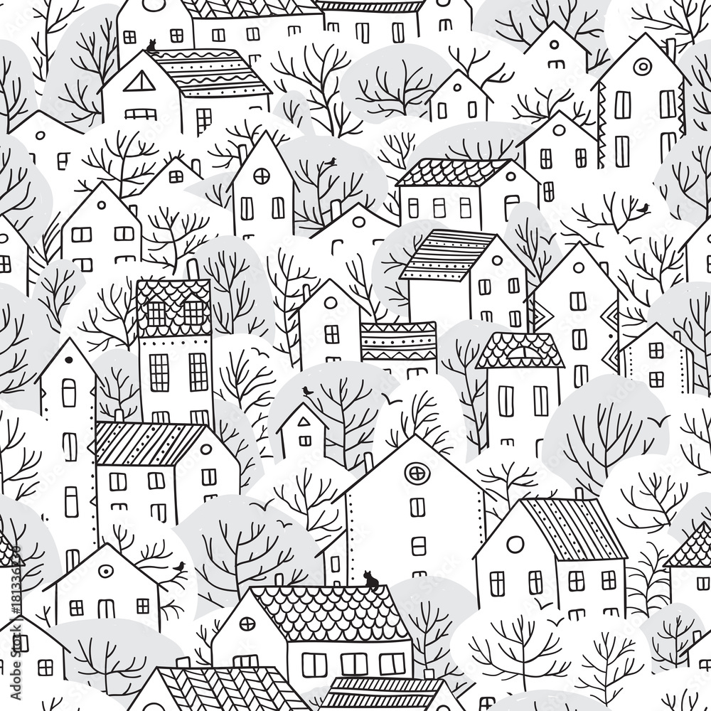 trees and houses seamless pattern winter