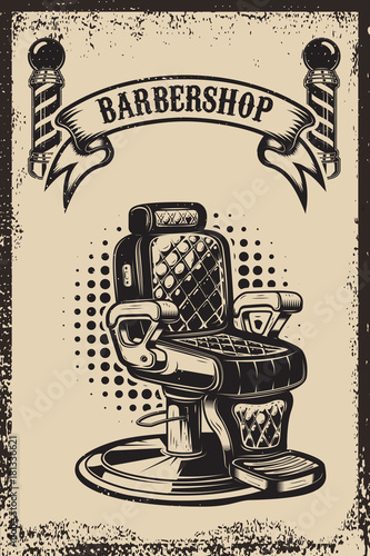 Barber shop. Barber chair on grunge background. Design element for poster, emblem, label, t shirt. Vector illustration