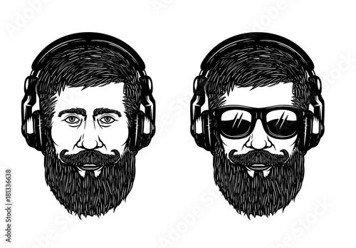 Bearded man face with sun glases and headphones. Design element for poster, emblem, label, t shirt. Vector illustration