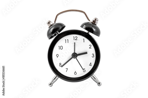 Black alarm clock isolated on white background.