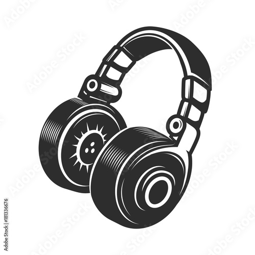 Headphones icon isolated on white background. Design element for emblem, badge, sign. Vector illustration