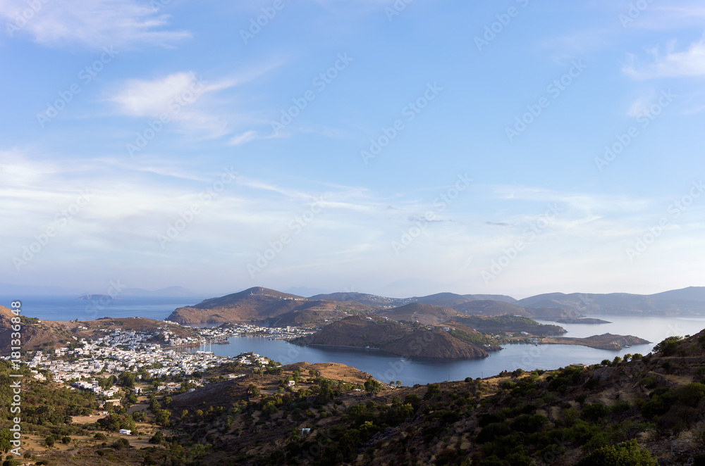 Stunning view to the sea from the chora of Patmos island, Greece, early in the morning 