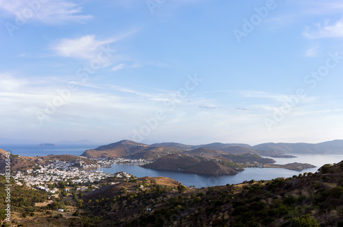 Stunning view to the sea from the chora of Patmos island, Greece, early in the morning 