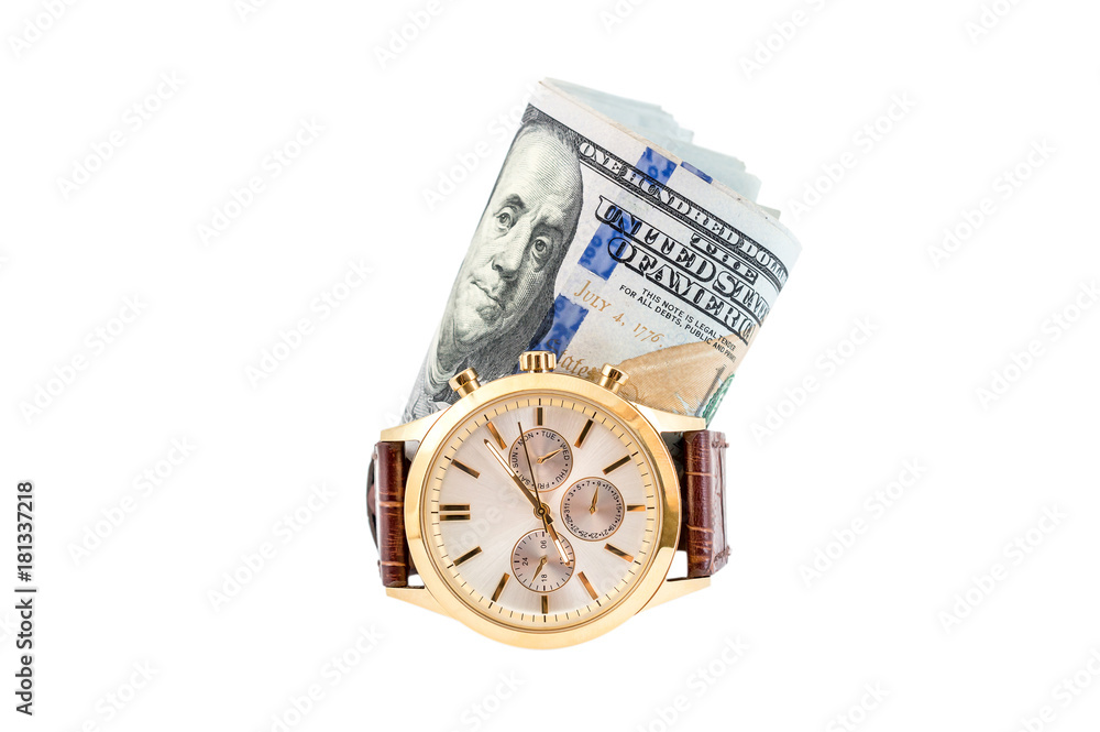 Wrist watch with rolled dollars on white. Wrist watch with rolled dollars on white.