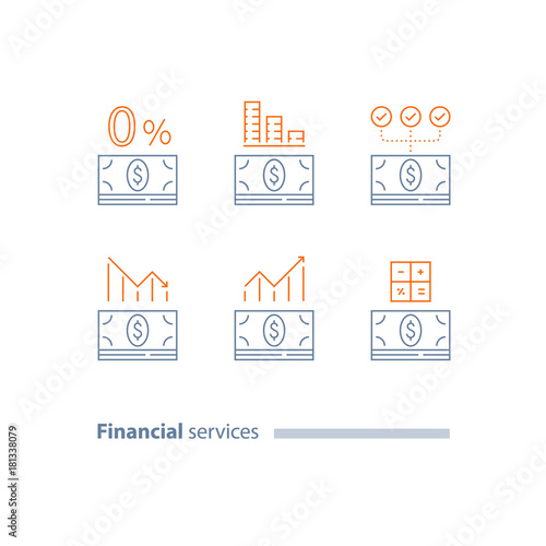 Down payment, refinance loan, credit approval, investment dividends, decrease and increase graph, cost calculating, interest rate