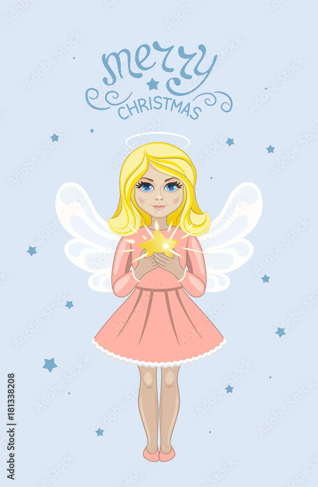 Beautiful girl angel holds in her hands the shining Christmas star. Template for greeting cards, calendars, banners, invitations. Beautiful girl angel holds in her hands the shining Christmas star. Template for greeting cards, calendars, banners, invitations.
