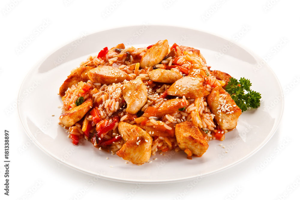 Chicken meat with rice on white background