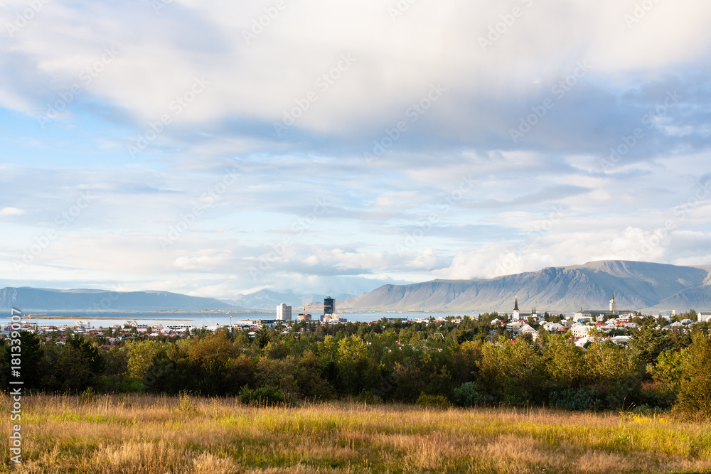 view of Reykjavik city in september evening