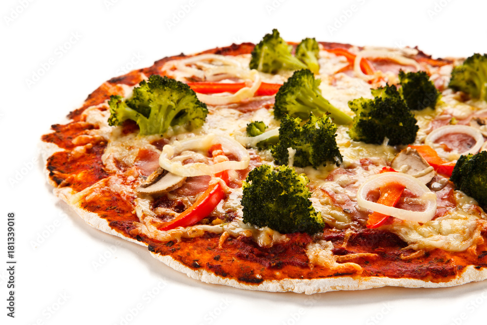 Pizza with vegetables on white background