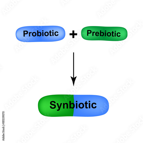 Combination of probiotic and prebiotic. A symbiotic. synbiotic. Capsules are blue and green. Medicines for the treatment of intestinal and vaginal dysbiosis. Dysbacteriosis. Infographics.
