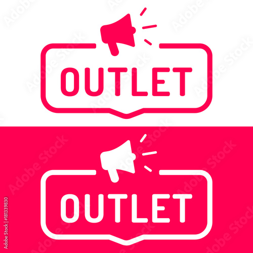 Outlet. Badge with megaphone icon. Flat vector illustration on white and red background.  photo