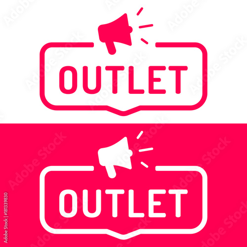 Outlet. Badge with megaphone icon. Flat vector illustration on white and red background. 
