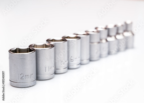 set of interchangeable heads for chrome socket wrench. Isolated on white background.