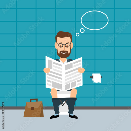 businessman sitting on toilet and reading newspaper