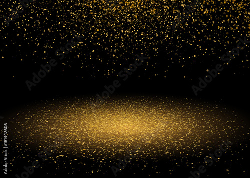 Shiny Star Burst Light with Gold Glitter Sparkles. Shining Motion Luxury Design. Magic Golden Light Effect. Vector Illustration on Black Background