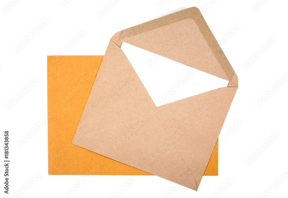 Yellow and brown envelope with white paper isolated on white background Yellow and brown envelope with white paper isolated on white background