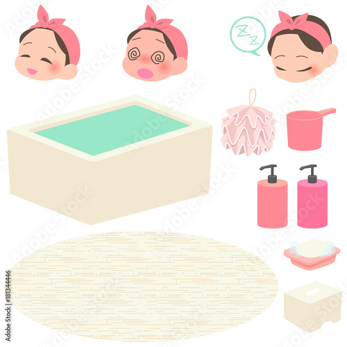 入浴する女性とバスグッズセット