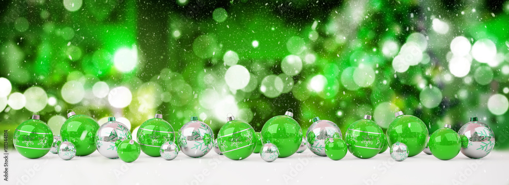 Fototapeta premium Green and white christmas baubles lined up 3D rendering