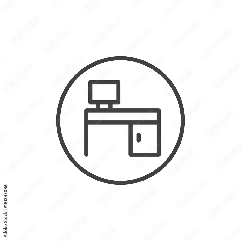 Computer desk line icon, outline vector sign, linear style pictogram isolated on white. pc table symbol, logo illustration. Editable stroke Computer desk line icon, outline vector sign, linear style pictogram isolated on white. pc table symbol, logo illustration. Editable stroke