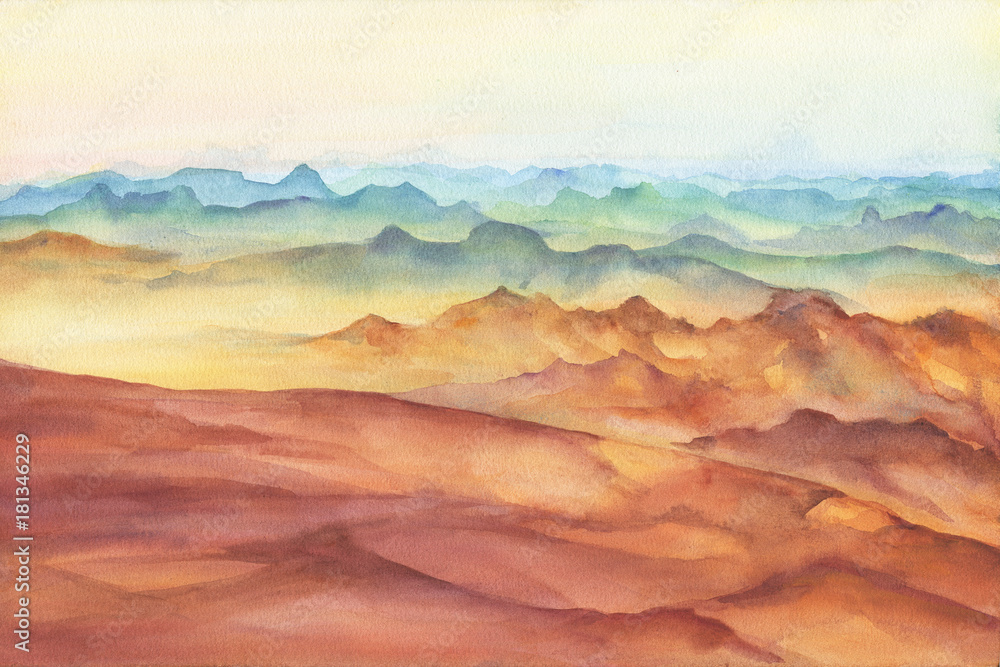 Mountain landscape peaks on sunset on panoramic view. Beautiful rocks and yellow sand desert, dune of the huge sizes. Watercolor hand drawn painting illustration isolated on white background.