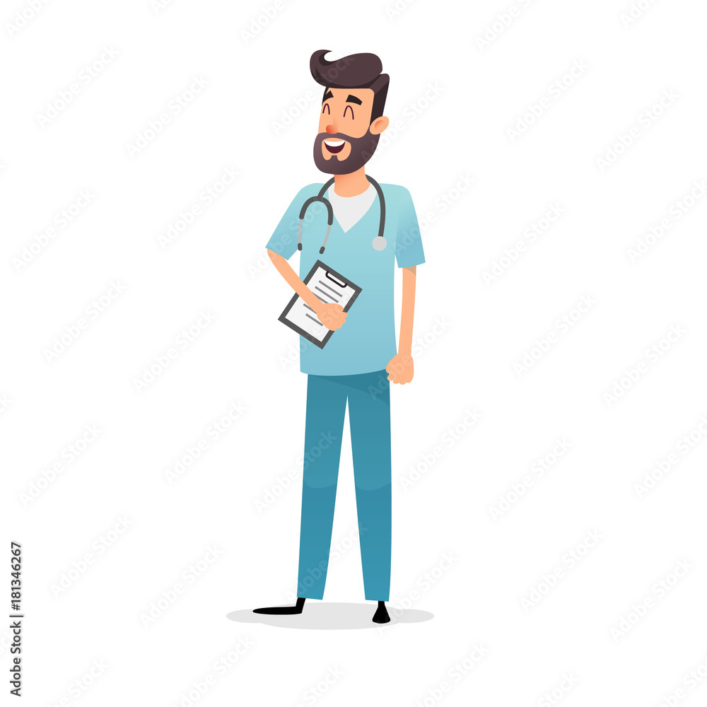 Friendly cartoon physician with stethoscope and diagnosis. Happy doctor cardiologist, pediatrician or pharmacist. Professional medic in blue uniform. Medical concept for the design of postcards