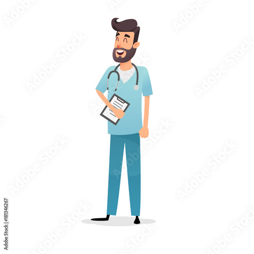 Friendly cartoon physician with stethoscope and diagnosis. Happy doctor cardiologist, pediatrician or pharmacist. Professional medic in blue uniform. Medical concept for the design of postcards