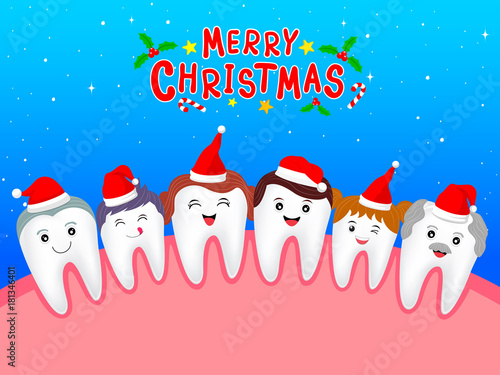 Happy cute cartoon tooth family characters with Santa hat. Dental care concept. Merry Christmas and happy new year, Illustration on blue background.