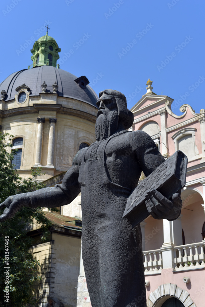 Fototapeta premium Statue of Ivan Fedorov in second hand book market, Lviv, Ukraine, First Person to Publish Book