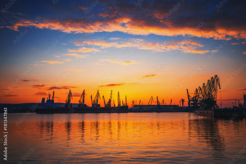 Sunset over sea port and industrial cranes, Varna Sunset over sea port and industrial cranes, Varna