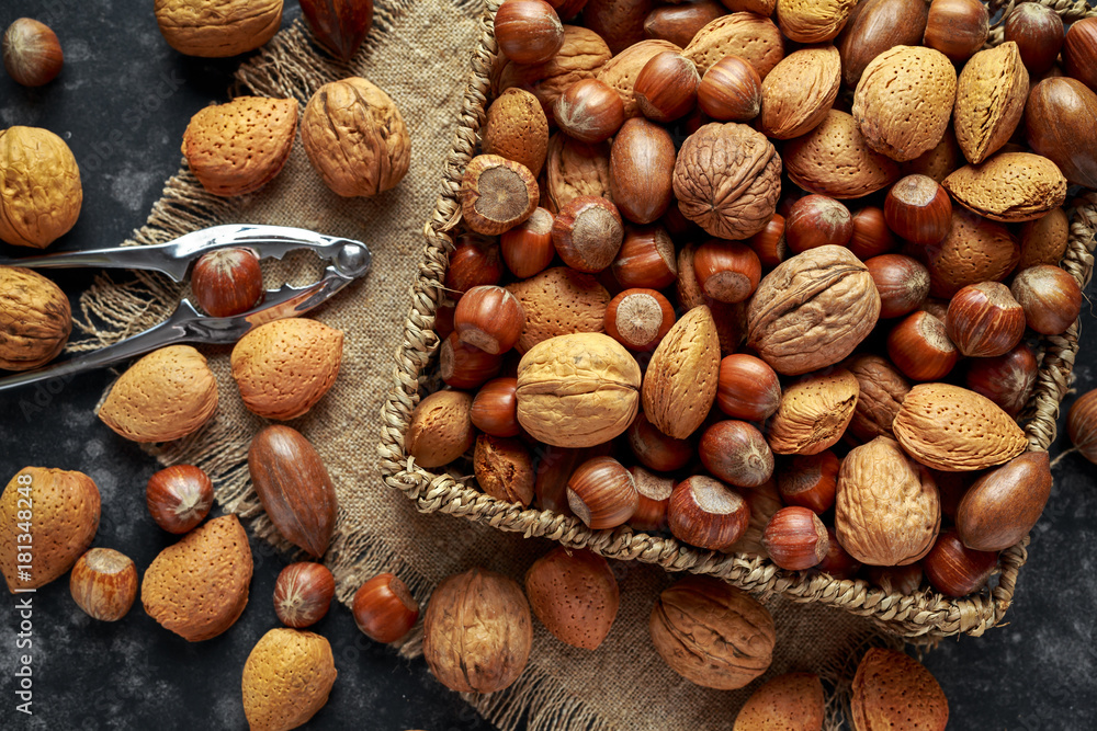 Mix of different kinds of nuts in shell Mix of different kinds of nuts in shell