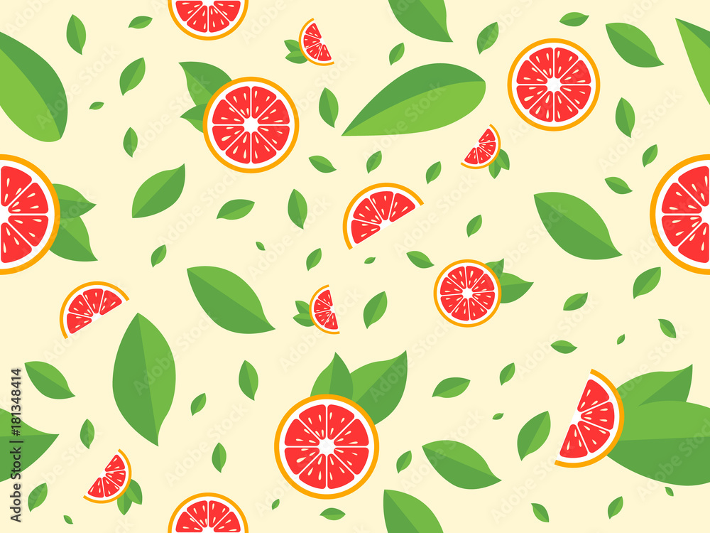 Seamless pattern with grapefruit and leaves. Vector texture illustration
