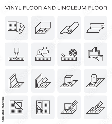 Vinyl or linoleum floor installation for home vector icon. Covering wrap floor by grinding repair and construction. Include material i.e. glue, sealant, baseboard, roll and sample of texture pattern.