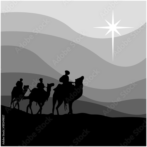 journey of three wise men vector illustration isolated on white background. Using editable shades of gray layers. nativity story background.