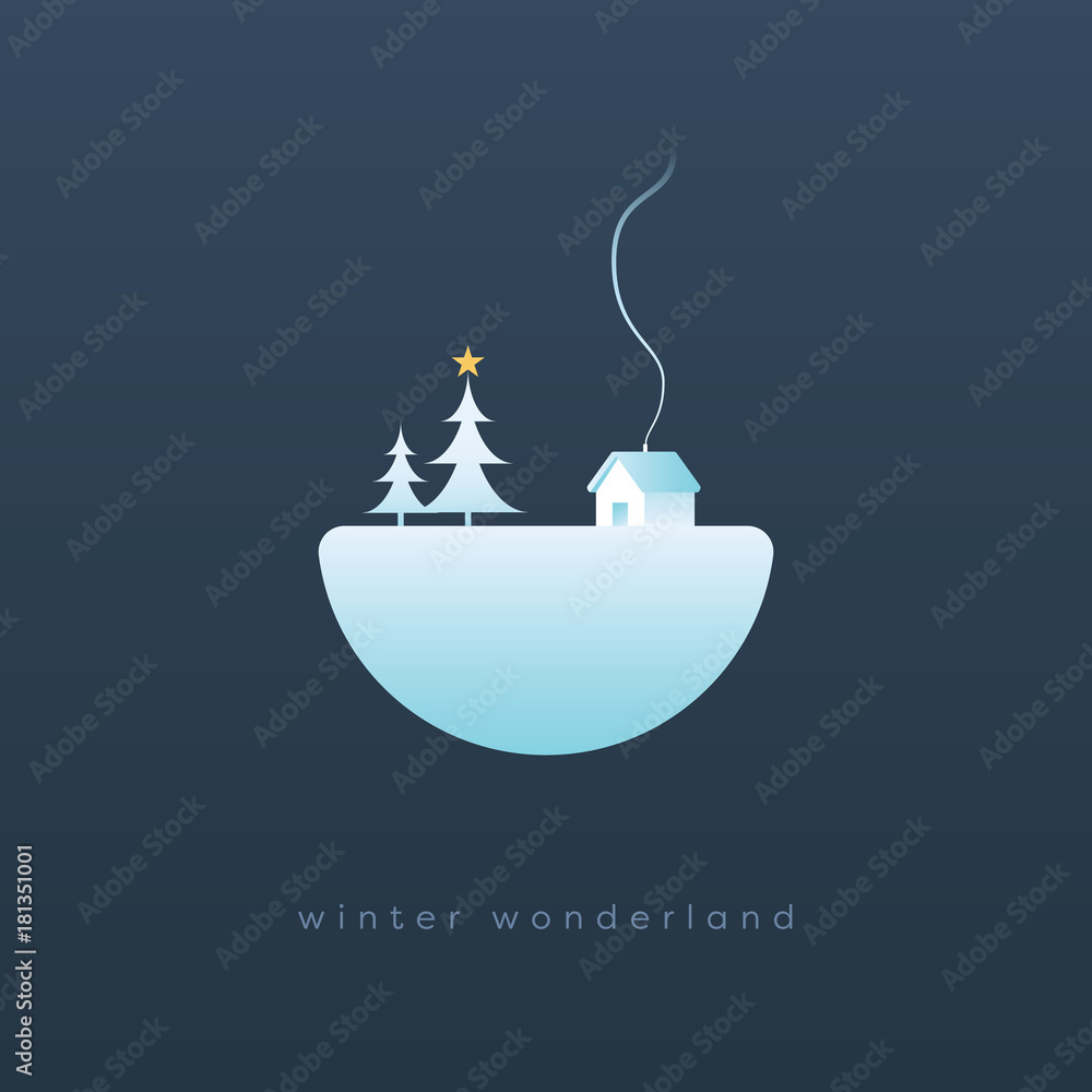 Obraz premium Winter Christmas minimalistic landscape vector illustration with christmas tree and small house. Xmas holiday card template.