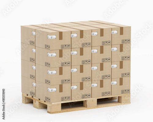 Europalette mit Kartons - in Lagen geschichtet - Eurostandard mit Etiketten - von rechts aufgenommen © Lichtfexx