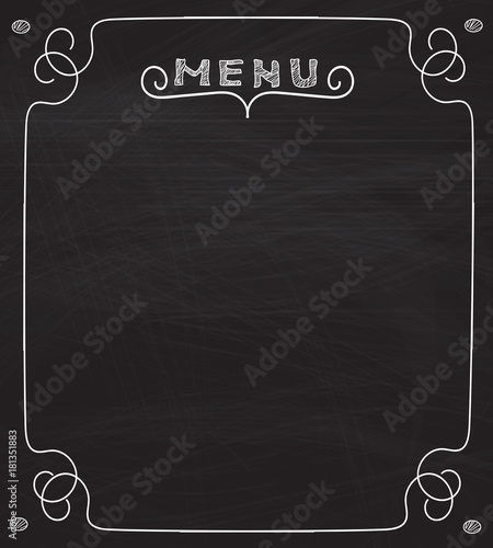 Blank menu on blackboard, handwriting letters and frame, vector