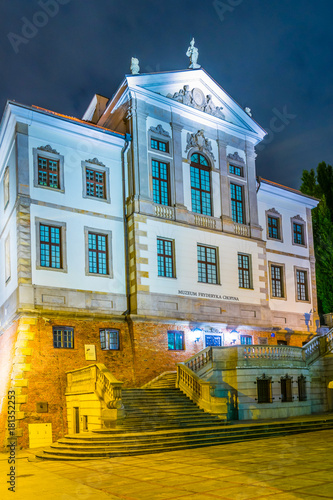 Frederic Chopin Museum at the Ostrogski Palace building during night in Warsaw, Poland