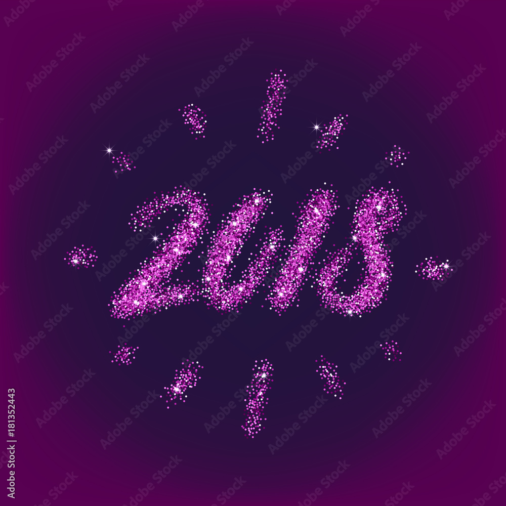 2018 sign made of purple glitter on purple background. Vector New Year illustration.