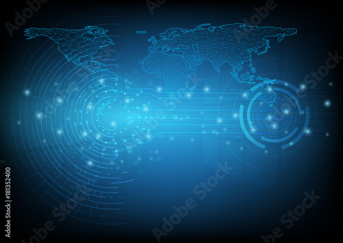 Abstract digital and technology background. World map and communication.