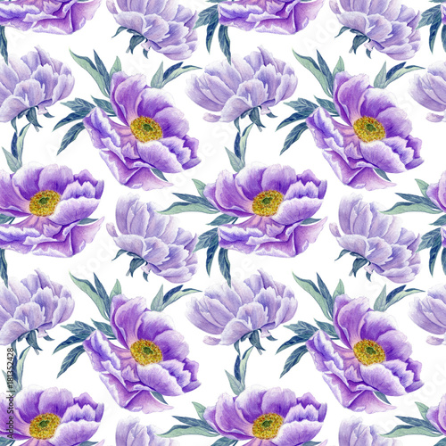 lilac peonies watercolor seamless pattern