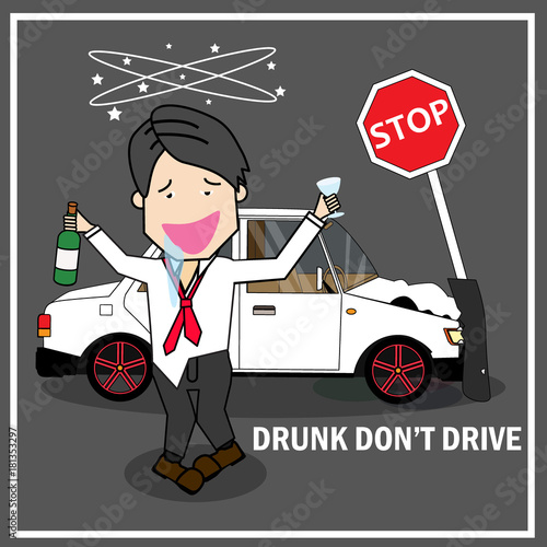 Businessman drunk driving hit traffic signs out off of car with a smile