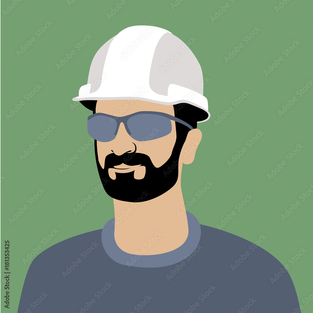 Worker in a protective helmet and glasses vector illustration flat