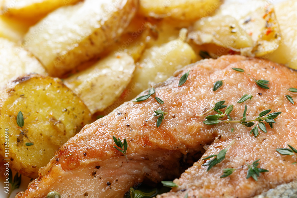 Roasted salmon with potatoes. Roasted salmon with potatoes.