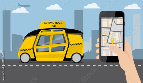 Hand with phone. On the device screen application for ordering a taxi. In the background, a self driving bus with a logo "Autonomous taxi". Vector illustration EPS 10