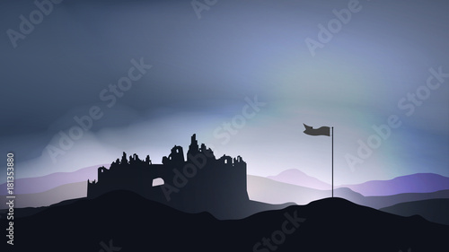 Destroyed city ,Fort in Ruin with Flag - Vector Illustration.
