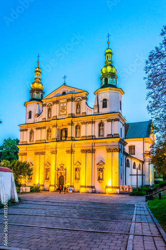 Night view of the illuminated St Bernards Church in Krakow/Cracow, Poland. photo