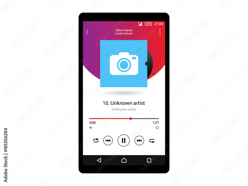 Music player app user interface icons set, buttons, slider, song title. Minimalistic concept. Vector illustration isolated on trendy gradient background Music player app user interface icons set, buttons, slider, song title. Minimalistic concept. Vector illustration isolated on trendy gradient background
